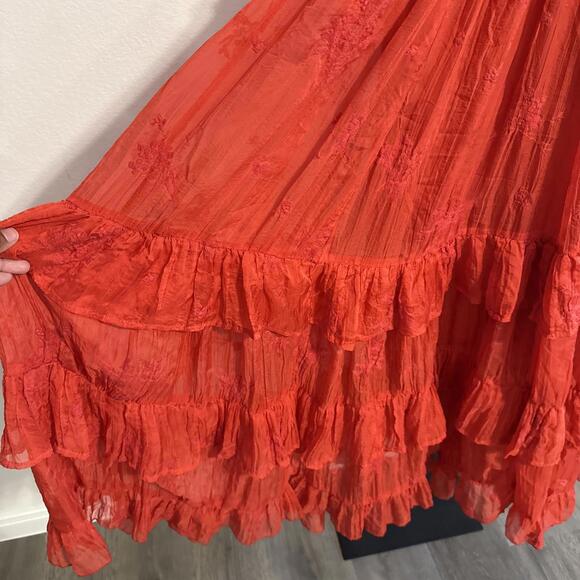 $725 Sabina Musayev Coral Camellia V-Neck Tiered Maxi Gown w/ Floral Chiffon MED - Picture 6 of 13